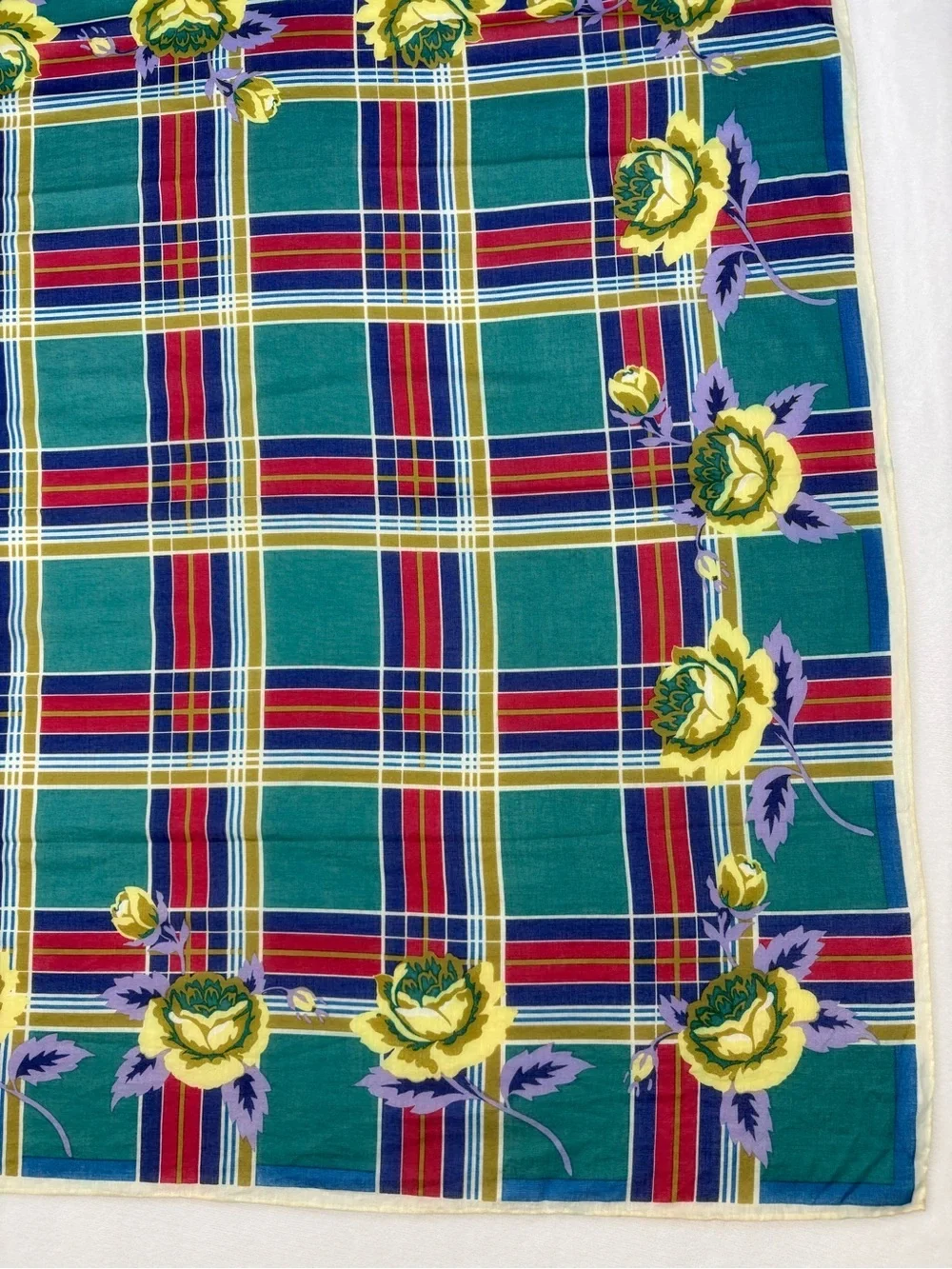 Vintage Kenzo Tokyo Cotton Scarf Plaid Teal Yellow Floral 28” Japan
